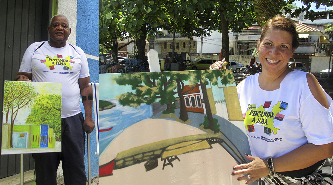 A segunda edição do Projeto Pintando a Ilha, realizado pelo Polo Cultural Ilha, foi no domingo (9) e teve as paisagens da Ribeira como inspiração. Na foto os artistas Valdir Augusto e Marcia Doria com suas pinturas